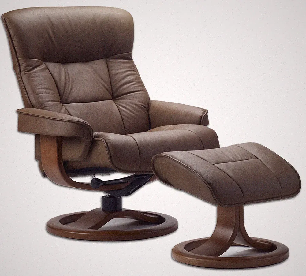 Fjords Bergen Large Recliner Comfort Chair Havana Brown Leather with Walnut Wood