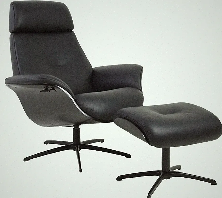 Fjords Falcon Recliner Chair and Ottoman in Soft Line SL 201 Black Leather