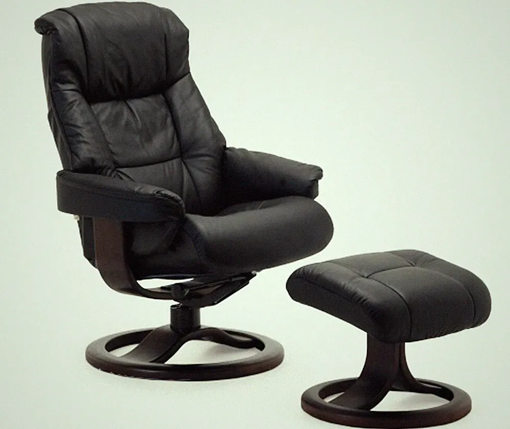 Fjords Loen Large Recliner Comfort Chair - Black Leather - Espresso Wood Stain