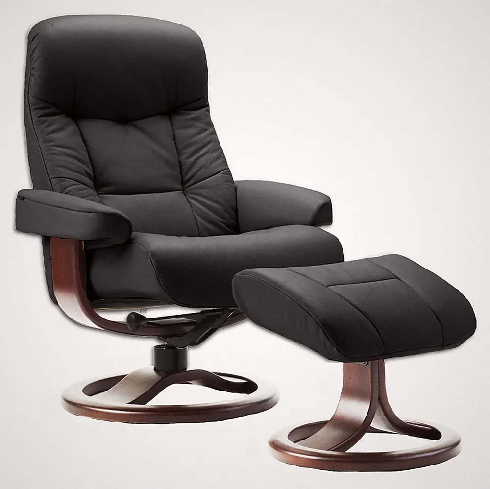 Fjords Muldal Large Recliner Chair + Ottoman - Black Leather - Walnut Wood Stain