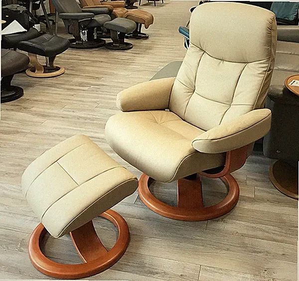 Fjords Muldal Large Recliner Chair - Sandel Tan Leather - Cherry Wood Stain