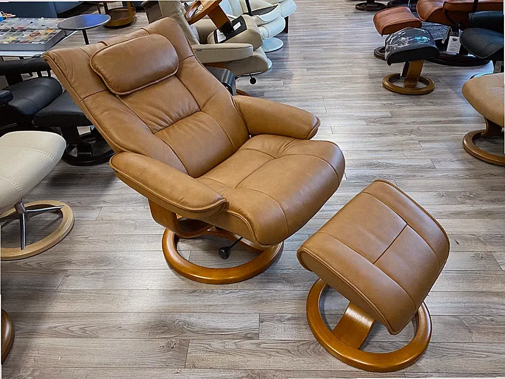 Fjords Regent Large Recliner Chair and Ottoman Vintage Cognac Astro Line Leather